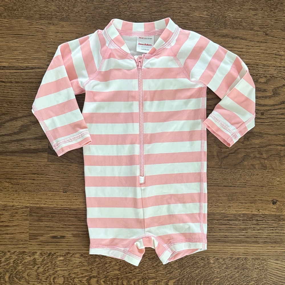 Hanna Andersson Pink and White Striped Zip Front Baby Swim Suit